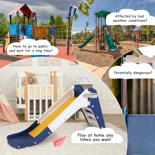 Toddler Indoor Slide, Foldable Baby Climber Playset with Basketball & Hoop | 63 in Extra Long Slope, Non-Slip Steps, Sturdy Plastic, Outdoor Playground for Backyard, Home & Playroom Use, Dark Blue - color: Dark Blue