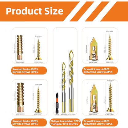 420pcs Self Drilling Drywall & Concrete Anchor Kit (M6 M8, 4 Sizes) with M6 & M8 Drill Bits, Loose Hinge Hole Repair, for Concrete, Wooden, and Home Decor Wall Hole Repair Kit - size: Screws -420-A