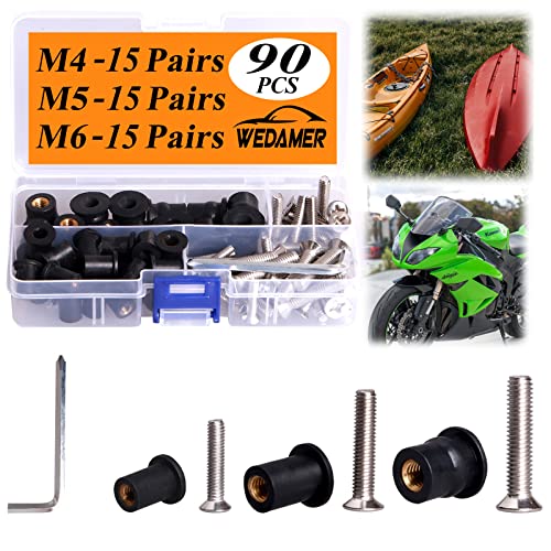 WEDAMER 45 Pairs M4 M5 M6 Neoprene Well Nuts with Stainless Steel Screw M5 Rubber Well Nuts Kayak Brass Copper Bolts Well Nut Kit for Kayak Motorcycle Boat Marine Windscreen Accessories (M4 M5 M6) - color: M4 M5 M6 each 15 Pairs