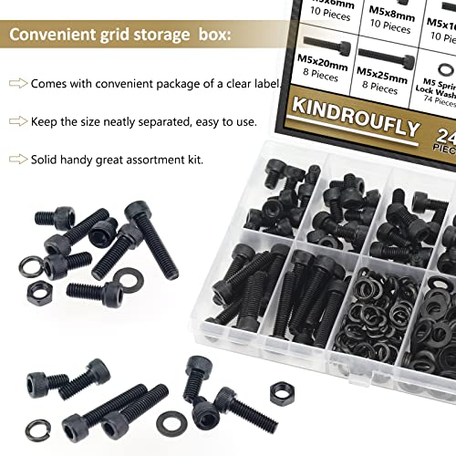 242 Pieces Black M5 x 6/8 /10/12 /16/20 /25mm Hex Socket Head Cap Screws Nuts Washers Assortment Kit, 12.9 Grade Alloy Steel - size: M5, style: Socket Head