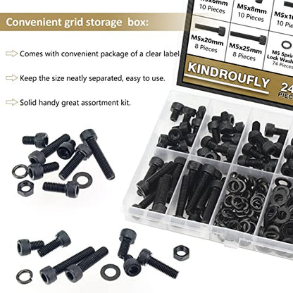 242 Pieces Black M5 x 6/8 /10/12 /16/20 /25mm Hex Socket Head Cap Screws Nuts Washers Assortment Kit, 12.9 Grade Alloy Steel - size: M5, style: Socket Head
