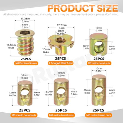 150Pcs M6 Yellow Zinc Barrel Nuts Four-jaw Tee Nuts and Threaded Insert Assortment Kit Metric Cross Dowels Slotted Nut T Nut Wood Inserts Bolt for Wood Furniture Beds Crib Chairs - style: 150pcs yellow zinc nuts assortment kit