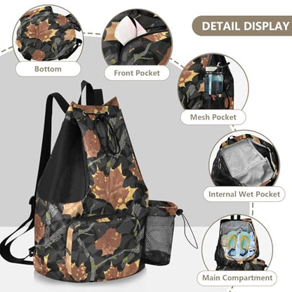 Drawstring Climbing Gym Bag With Pockets Drawstring Bags For Men Women with Wet Dry Compartments Camouflage Maple Leaf Branch Brown Black