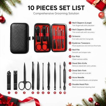10-Pc Manicure Set, Stocking Stuffers for Men, Gift Ideal for Teen Boy | Precision Grooming Tools Tackle Fingernail, Toenail, and Cuticle Care, Christmas Choice for Boyfriend, Husband - color: Black