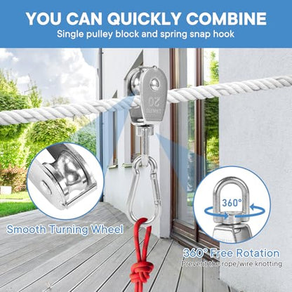 10x 304 Stainless Steel M20 Single Swivel Rope Pulley Blocks w/Snap Hooks | 360° anti-twist swivel pulley. For lifting, towing & hanging wire rope on crane/outdoor. Has spring snap hooks for fast fit - size: M20-10pcs
