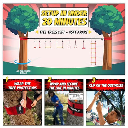 Trailblaze Ninja Warrior Obstacle Course - Ultimate Outdoor Fun 50 Ft Ninja Slackline Climbing Net, Rope Ladder, Trapeze, Swing, Monkey Bars (50ft Single Line Kit – 8 Obstacles) - color: 50ft Single Line Kit - 8 Obstacles