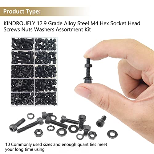 382 Pieces Black M4 x 5/6 /8/10 /12/16 /20mm Hex Socket Head Cap Screws Nuts Washers Assortment Kit, 12.9 Grade Alloy Steel - size: M4, style: Socket Head