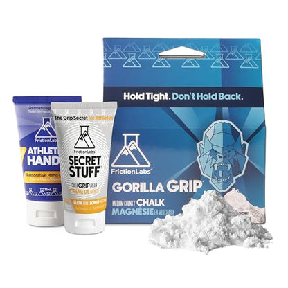 Friction Labs Chalk & Recovery Bundle – Secret Stuff Alcohol-Free Liquid Chalk, Gorilla Grip Loose Chalk (2.5oz) & Athletic Hands Cream – Grip Support & Skin Repair for Climbing, Lifting, Gymnastics