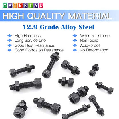 Glarks 510Pcs M3 M4 M5 12.9 Grade Alloy Steel Socket Cap Bolts Screws with Nuts Assortment Kit, Black Oxide Finish - size: Hex Socket Head Cap Screws Set