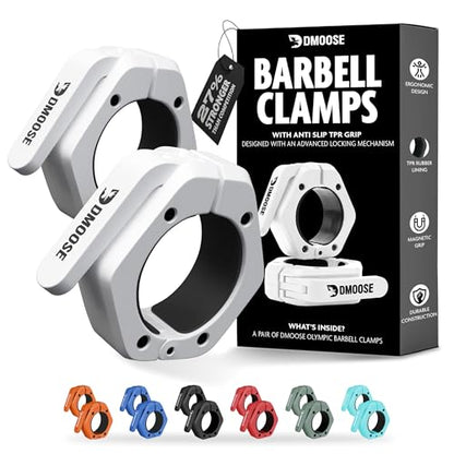 DMoose Fitness Barbell Clips 2 Inch (Pair) - Quick Release Olympic Barbell Clamps & Collars with Anti Slip TPR Grip for Secure Weightlifting and Powerlifting - Weight Clips for Bars at Home or Gym - color: White, style: Non Magnetic