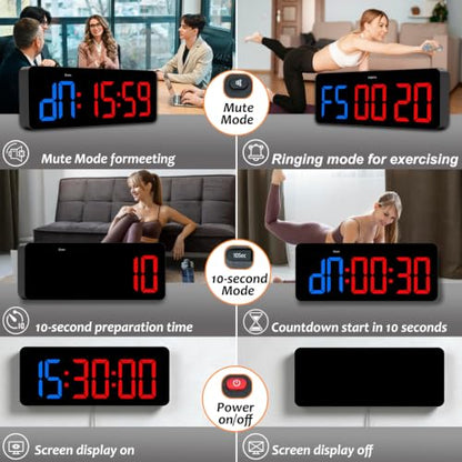 Multi-Mode Fitness Timer with Remote Control – 2-in-1 Digital Clock & Gym Timer for Tabata, EMOM, Countdown, Stopwatch, FGB – Customizable Workout Cycles with 10 Presets & 3 Mounting Options - color: Blue Red