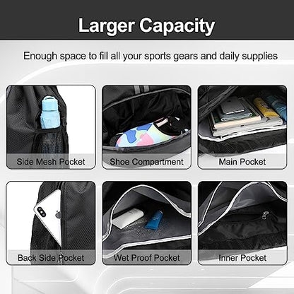 Hoedia Sports Drawstring Backpack - String Swim Gym Bag with Shoes Compartment and Wet Proof Pocket for Women&Men | String Bag with Shoes Compartment and Wet Proof Pocket, Adjustable Wider Shoulder Strap, For Soccer, Basketabll, Volleyball - color: Black,