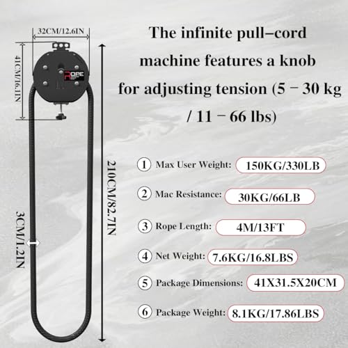 Endless Rope Trainer,Cable Pulley System for Home Gym,Pull Down Machine with 14 FT Closed Loop Nylon Rope,Adjustable Resistance 66LB Max Cable Machine for Back,Arms,Grip Strength Training