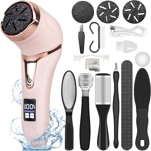 Electric Callus Remover for Feet (with Vacuum Cleaner), Rechargeable Foot Callus Remover Pedicure Tools Foot File, Professional Foot Care Kit Deadskin Remover with 3Heads&2Speed,LCD Display-Pink - style: Pink Electric Callus Remover +10in1+9 heads