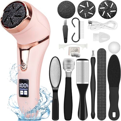 Electric Callus Remover for Feet (with Vacuum Cleaner), Rechargeable Foot Callus Remover Pedicure Tools Foot File, Professional Foot Care Kit Deadskin Remover with 3Heads&2Speed,LCD Display-Pink - style: Pink Electric Callus Remover +10in1+9 heads