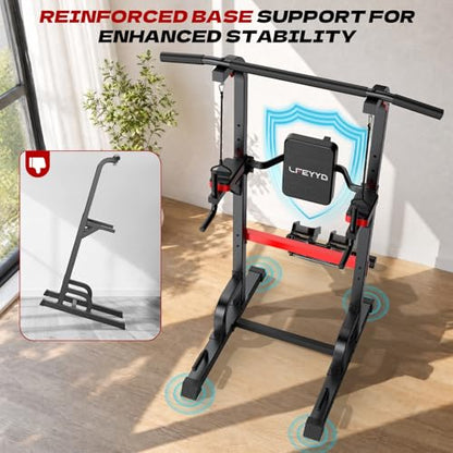 Power Tower Pull Up Bar Free Standing,Multi-Level Adjustable Height Dip Station, Multi-Grip Handles,Backrest,Home Gym Strength Training Equipment with Power Elastic Ropes,Capacity 400LBS