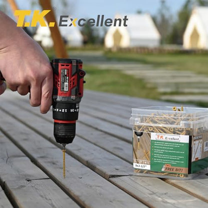T.K.Excellent Deck Screws 2-1/2 Inch Wood Screws #9 x 2-1/2, 395 Pcs, Rust Resistant Tan Exterior Structural Screws, Torx Drive Screws, Two T25 Bits, Brilliant Yellow Ruspert Coating Rust Proof - size: #9×2-1/2
