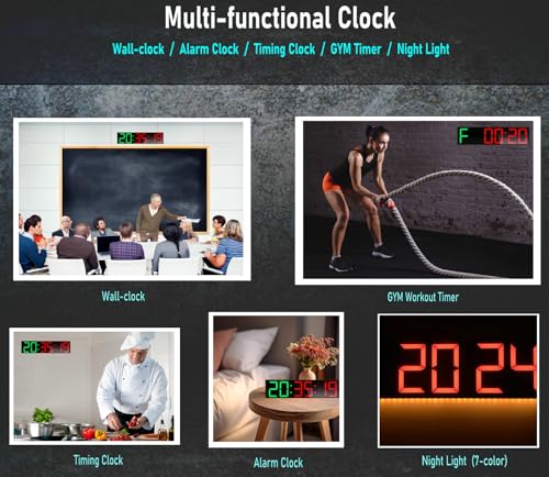 26'' Huge Home Gym Interval Workout Timers, Digital Wall Clock, with Countdown, Stopwatch, 7-Color Light, 8-Alarms, Calendar/Temperature Display, for HIIT/Tabata/FGB/EMOM (Green & Red)