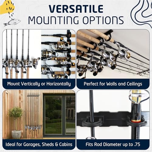 Rush Creek Creations, Ceiling Fishing Rod Holder for 6 Rods, Fishing Pole Holder for Garage Organization & Wall Storage, Gear, Accessories(2 Horizontal Rack)(Pack of 6) - size: Two Pack (Pack of 6)