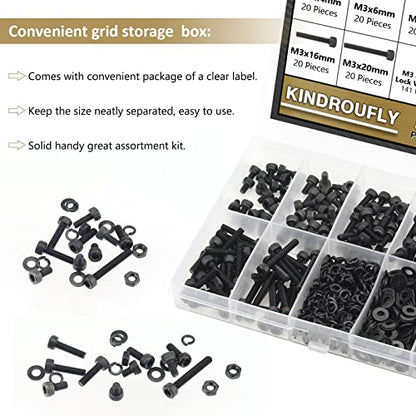 562 Pieces Black M3 x 4/6 /8/10 /12/16 /20mm Hex Socket Head Cap Screws Nuts Washers Assortment Kit, 12.9 Grade Alloy Steel - size: M3, style: Socket Head