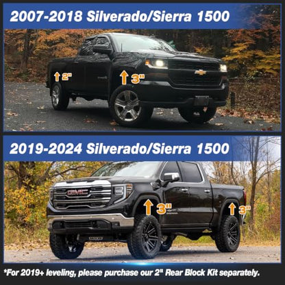 Dynofit 3" Front & 2" Rear Lift Kits for 2007-2024 Silverado 1500 Sierra 1500 (2WD/4WD), Full Suspension Leveling Kit with Front Strut Spacers and Block U-Bolt Set - size: 3 inch front / 2 inch rear