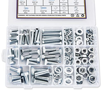 ZTF 188PCS M6 M8 M10 Hardware Nuts and Bolts Assortment Kit, Heavy Duty Metric Machine Screws Nuts Washers, 9 Most Common Sizes Zinc Alloy Steel Grade 8.8 (M6 M8 M10 Kit) - style: silver-M6 M8 M10 Hex Bolts