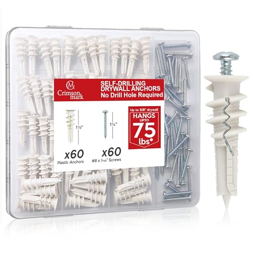 CrimsonMark 120Pcs #8 Self Drilling Drywall Anchors and Screws kit #8 x 1-1/4”- Superb Wall Anchors for Drywall, Holds Upto 75lbs – No Drill Hole Required with These Dry wall Screws and Anchors - size: Nylon