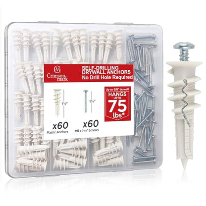 CrimsonMark 120Pcs #8 Self Drilling Drywall Anchors and Screws kit #8 x 1-1/4”- Superb Wall Anchors for Drywall, Holds Upto 75lbs – No Drill Hole Required with These Dry wall Screws and Anchors - size: Nylon