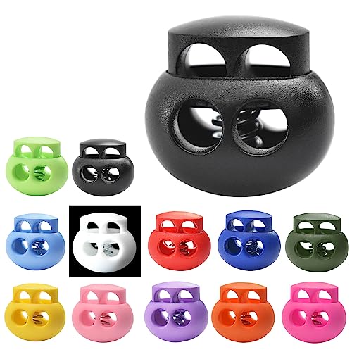 CooBigo 30pcs Assorted Colors Plastic Spring Cord Lock for Drawstrings Bag Replacement, Paracord Lock, Shoe Lace Toggles Stopper Gloves Fastener Slider End Clasp Double Hole - color: 01#: Assorted Color 30pcs