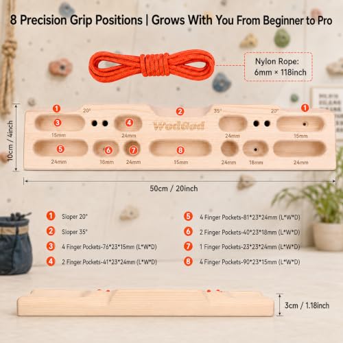 WodGod Radiata Pine Hangboard Non-Slip Portable Wood Climbing Fingerboard, 8 Grip Positions Portable Wall Mount & Hanging Finger Strength Trainer for Rock Climbing, All Skill Levels