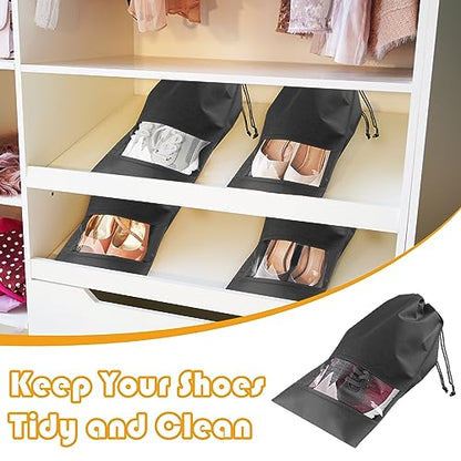 Large Black Travel Shoe Bags - 5 Pcs with Clear Window, Non-Woven Drawstring, 12.6" X 17.3" for Men Women - color: Black, style: 5 Pack