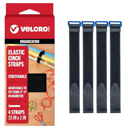 VELCRO Brand VEL-30792-AMS 15 Inch Elastic Straps 4 Pack | Stretchable and Adjustable for Snug Fit | Fasten Lumber, Yoga Mats, Tools, Camping Equipment, More | Cinch with Buckle, Black 15x1 - size: 4PK Medium 15"