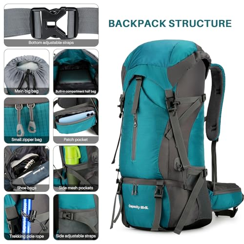 OKYUK 70L Hiking Backpack, Camping Hiking Back Pack, Water Resistant Lightweight Mountain Climbing Bag, Outdoor Camping Sport Daypack with Rain Cover, for Travel, Touring, Cycling (Green, 70L) - color: Green