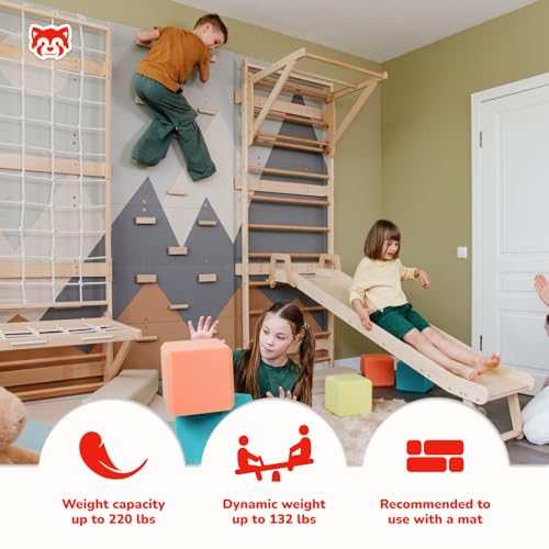 WoodandHearts 5in1 Modular Swedish Wall Gym Set for Kids Indoor Active Play – Wooden Swedish Ladder with Adjustable Pull-Up Bar, Rock Climbing and Slide (Base Set+Step-Down Slide+Sit-Up Bar) - style: Base Set + Step-Down Slide + Sit-Up Bar