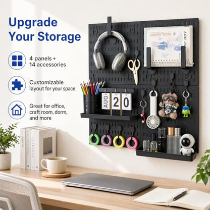 Pegboard Wall Organizer Kit – Heavy Duty 20lbs Load Bearing, Easy Installation, 4 Peg Board Panels 14 Accessories – Multi-Surface Use For Garage, Office, Kitchen & Crafts (Black Pegboard,24″×24″) | 24 x 24 Inch Modular Peg Board Panels with 14 Accessories