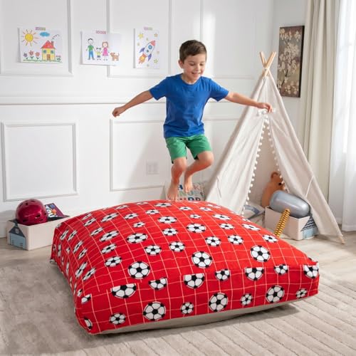 Matini Home Sensory Crash Pad - Non Slip Bottom, Soft Fabric Sensory Pads, Landing Mat for Jumping, Relaxing & Play - 48" x 48", Red Soccer Ball - color: Red Soccer Ball, size: 48" X 48"