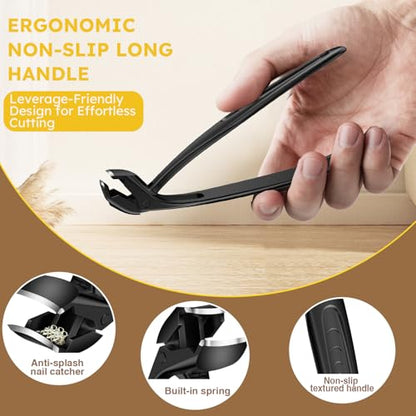 Long Handled Toenail Clippers for Seniors, Nail Clippers for Elderly with Angled Head, Wide Opening Heavy Duty Clippers for Thick Toenails, Ergonomic Handle with Catcher