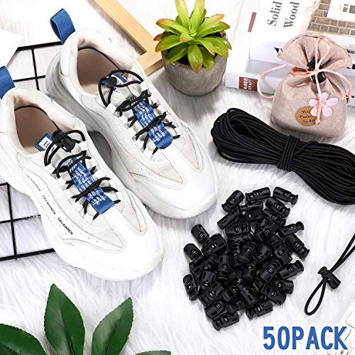 Patelai 50 Pieces Cord Locks Spring Toggles Stoppers Plastic Single Hole End Stopper Slider and 1/8 Inch 66 Feet Elastic Bungee Cord for Drawstring Shoelaces Clothing Bags(Black, Classic Style) - size: Black, style: Classic Style