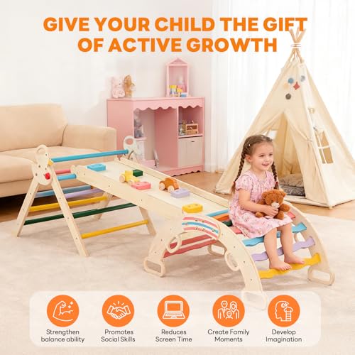 DUMOS Pikler Triangle Set, Toddler Climbing Toys and Play Structure Indoor, 9-in-1 Wooden Montessori Climbing Set with Arch, Ramp and Ladder, Foldable Baby Jungle Gym, Rainbow - color: Rainbow