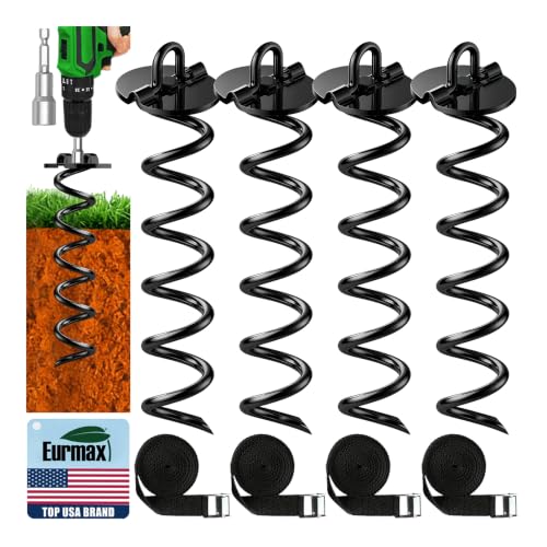 Eurmax USA 4-Pack Spiral Ground Stakes,Anti-Rust High Wind Trampoline Stakes Anchors,Heavy Duty Screw-in Anchor Kit with Tie Down Straps for Dog Tie-Out,Trampoline,Tents,Tarps,Carports and More,Black - color: Black, style: U Head