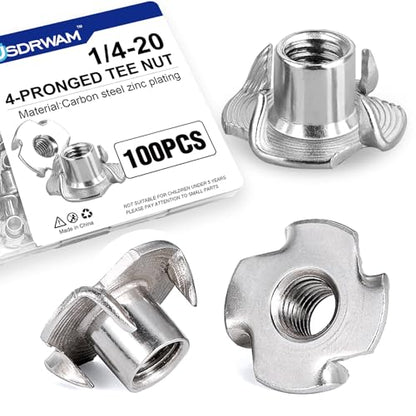 100PCS 1/4"-20 T Nuts for Wood, Zinc-Plated 4-Prong Tee Nuts | Carbon steel construction, Hammer-in installation design - style: 100 PCS 1/4"-20 Size