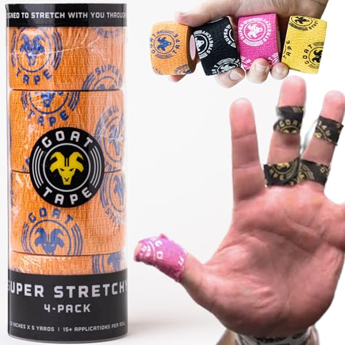 Goat Tape Super Stretchy Thumb Tape - Weightlifting Hook Grip Tape & WOD Tape for Cross Training, Gym Workout Tape, Athletic Finger Wrap - Flexes with Every Move - 15 Feet per Roll (Orange 4-Pack) - color: Orange 4-pack