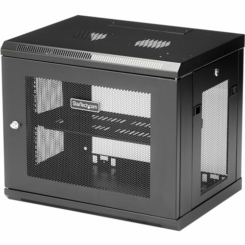 StarTech 9U Wall-Mount Cabinet, 19in, 2-Post, 15in Deep, 198lb (RK9WALM) | Enclosed locking server rack kit for IT data equipment, Max depth 15in, SPCC steel, Includes 1U shelf, Assembled - size: 9U, style: fixed 15" depth