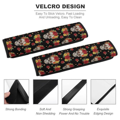 Universal Fit Seat Belt Cover for Adult Use, Stroller Pushchair High Chair, 2PCS Day of The Dead Flower Sugar Skull Harness Pads Strap Shock Absorption - color: Pattern 1247