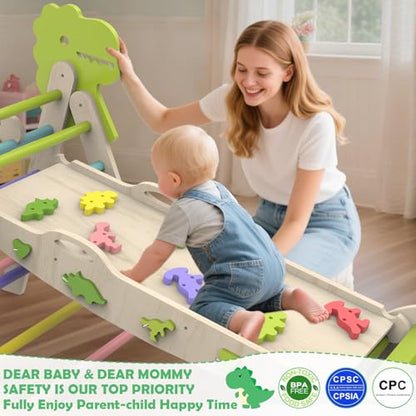 12 in 1 Pikler Triangle Set with Cushion, Montessori Toddler Climbing Toy | Wooden Indoor Climbing Gym, Rope Ladder, Shape Sorter, Push Car, Baby Activity Toy, Motor Skills Development, Dinosaur Design