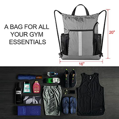 BeeGreen Grey Drawstring Bag Pack Gym Sackpack w Shoe Compartment Two Water Bottle Holder Portable String Sinch Sack for Gymnastic Athletic Beach Travel - color: Grey, style: Drawstring With Shoe Compartment