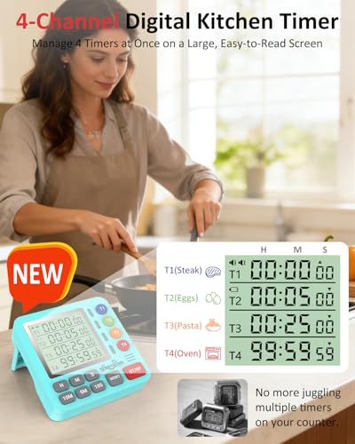 Digital Kitchen Timer with 4 Channel, Loud Alarm and Silent Mode | Magnetic Cooking Timer with Count Up & Countdown for Kids and Seniors, Large Display to Read, Auto Memory, Battery Included - color: Mint Green