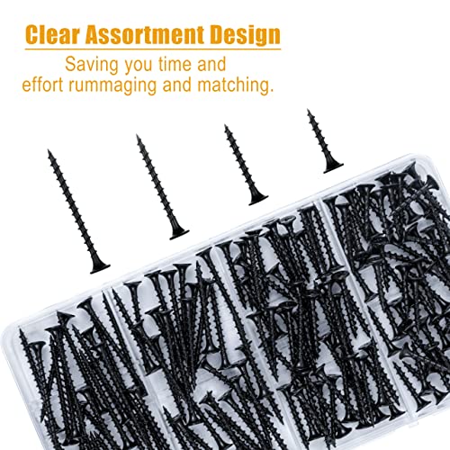 KURUI Drywall Screws Assortment Kit, #6 Black Wood Screws for Sheetrock,165pcs Picture Hanging Kit for Frame Painting Art Photo, Phillips Coarse Dry Wall Screw 4 Sizes 1",1-1/4",1-5/8",2" - size: Assortment Kit (#6 * 1", 1-1/4", 1-5/8", 2")