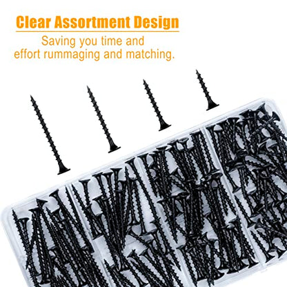 KURUI Drywall Screws Assortment Kit, #6 Black Wood Screws for Sheetrock,165pcs Picture Hanging Kit for Frame Painting Art Photo, Phillips Coarse Dry Wall Screw 4 Sizes 1",1-1/4",1-5/8",2" - size: Assortment Kit (#6 * 1", 1-1/4", 1-5/8", 2")