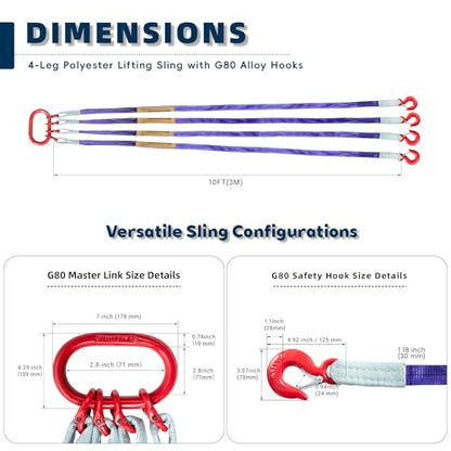 10ft (3m) Polyester Lifting Sling with G80 Hooks and Rings – 4 Ton Capacity, 6:1 Safety Factor, Heat Treated and Painted, Heavy Duty, Ideal for Construction and Industrial Lifting